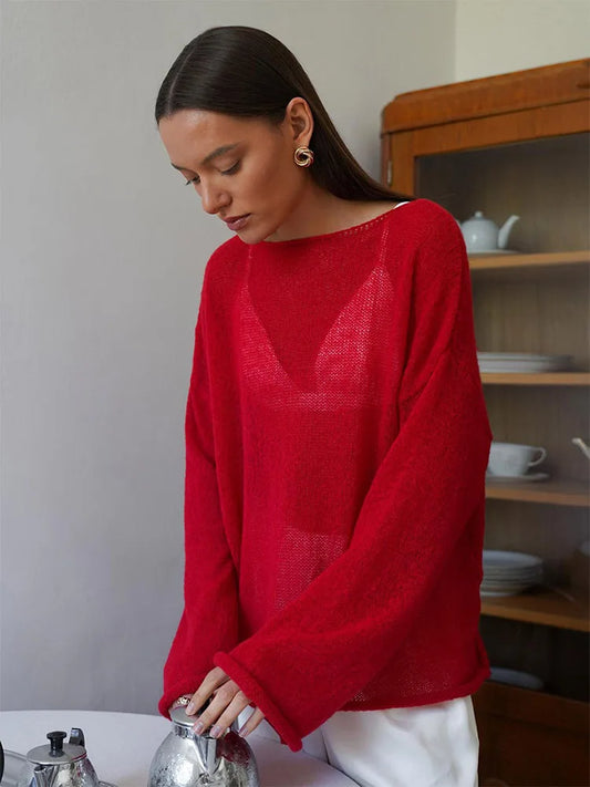 Women's One Line Neck Knitwear Long Sleeve Sweater