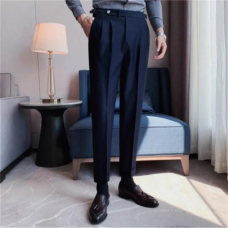 Men’s Classic Slim Fit Office Trousers - High Waist Vintage Pants