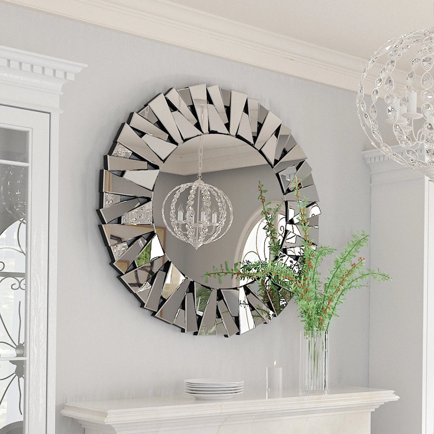 Miroir mural rond décoratif de 32 po avec accents argentés