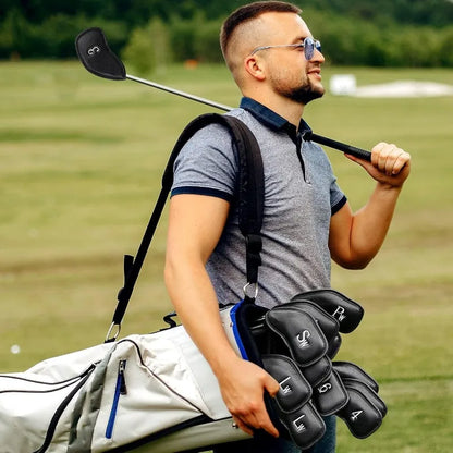 golf iron head covers, golf club head covers, golf club protectors, golf club accessories, leather head covers, leather golf headcovers, leather putter cover, putter headcover, leather driver headcover, leather golf club covers