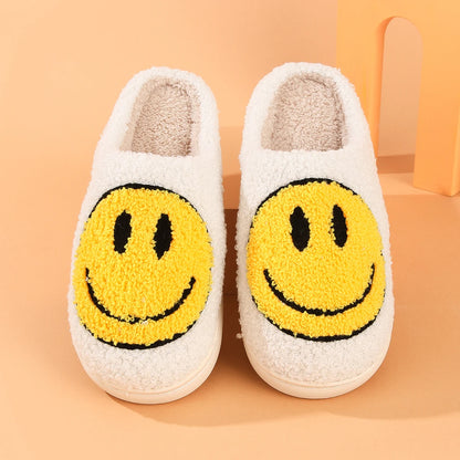 Pantoufles d'hiver en fourrure à motif Smiley pour femmes, pantoufles moelleuses