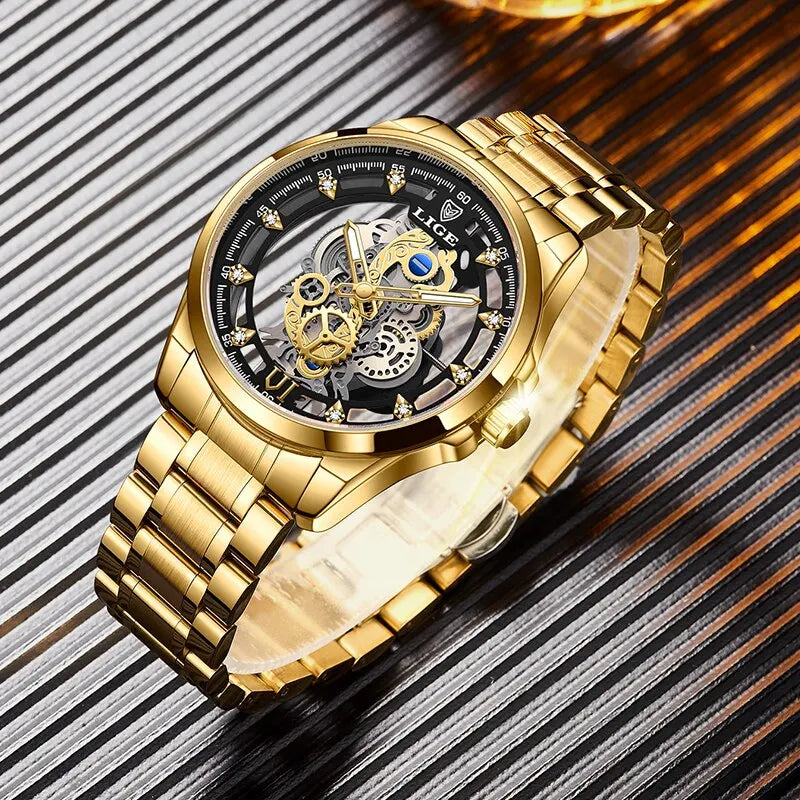 mens wristwatch, gold skeleton, skeleton mens watch, men wrist watch, watch skeleton, mens timepiece, wrist watch, gold men watches