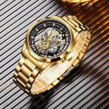 mens wristwatch, gold skeleton, skeleton mens watch, men wrist watch, watch skeleton, mens timepiece, wrist watch, gold men watches