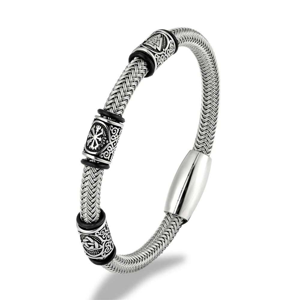 Men’s Viking Rune Stainless Steel Bracelet – Norse Futhark Runes Bangle Wire Rope Cuff