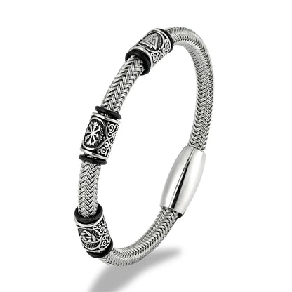 Men’s Viking Rune Stainless Steel Bracelet – Norse Futhark Runes Bangle Wire Rope Cuff