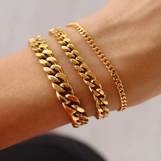 Gold Color Stainless Steel Curb Cuban Link Bracelet – 3mm‑9mm Unisex Chain