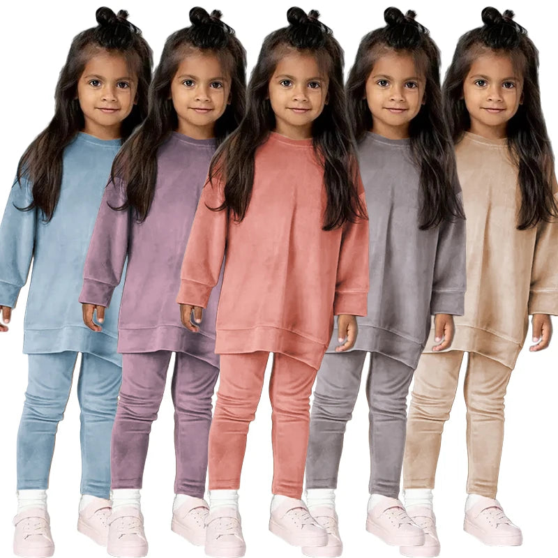Spring Velvet Suit for Kids Pullover Set with Pants