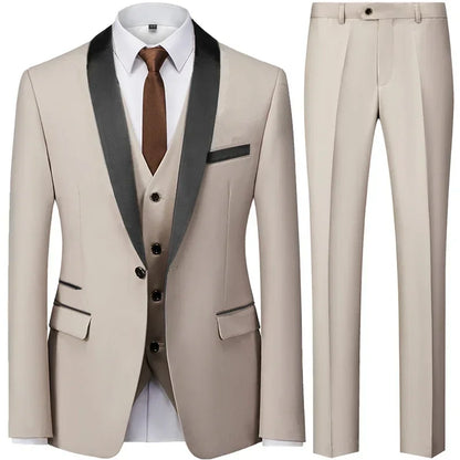 3 Pieces Set Men's Business Blazers Coat - Slim Fit Color Matching Collar Suit Jacket Pants Vest