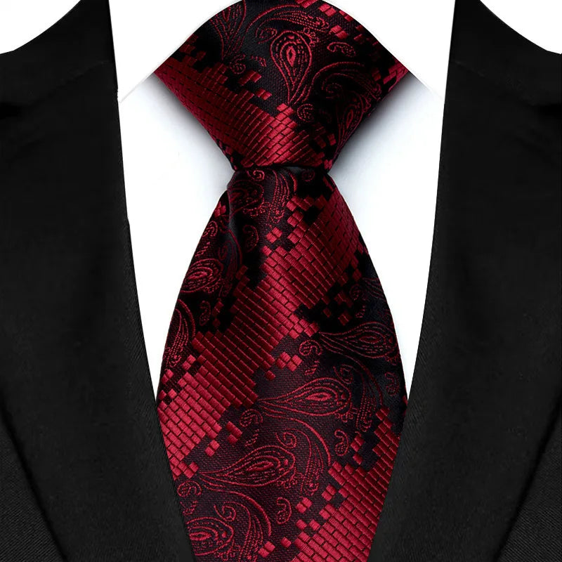 Men's Burgundy Plaid Silk Wedding Tie Set