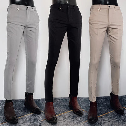 Men’s Slim Stretch Suit Pants - Autumn Formal Stripe Trousers