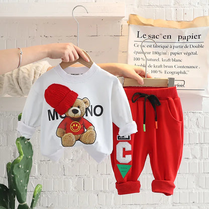 Boys Casual Cartoon Bear Long Sleeve tee and Navy Pants Outfit