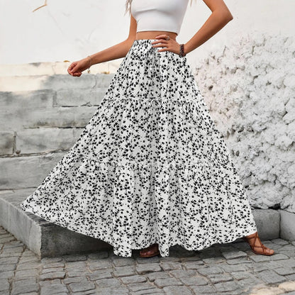 Damen-Midirock mit zartem Blumenmuster in Übergröße – Elastischer, hoher Bund, A-Linie, lässiger Sommerrock