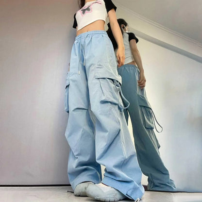 Weit geschnittene Cargohose für Damen – Streetwear-Hose mit Kordelzug, hohem Bund, vielen Taschen und lockerer Passform