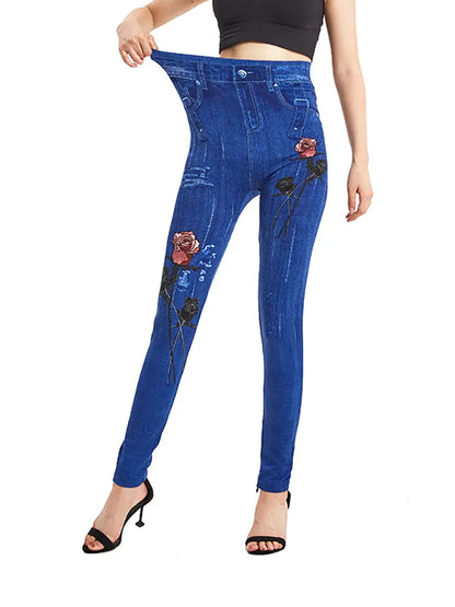 Red Rose Print Blue False Long Pants for Women