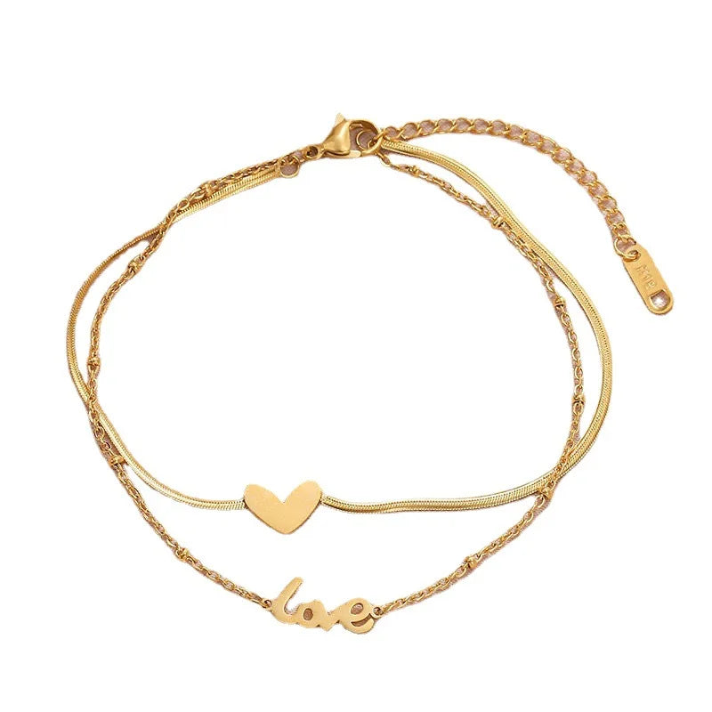 Gold Color Double Layer Heart Love Letter Anklet