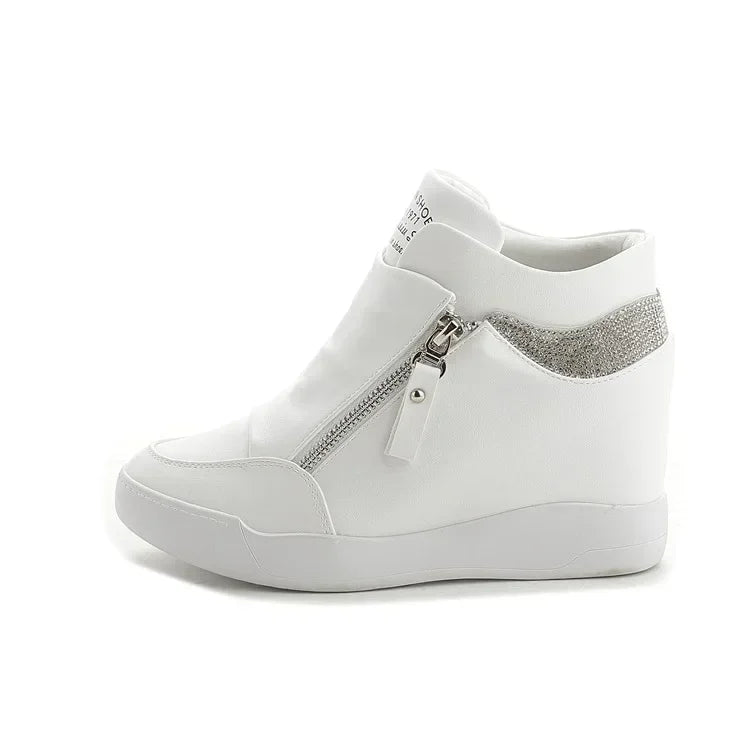 High Top Side Zip White Platform Wedge Sneakers with Hidden Heel