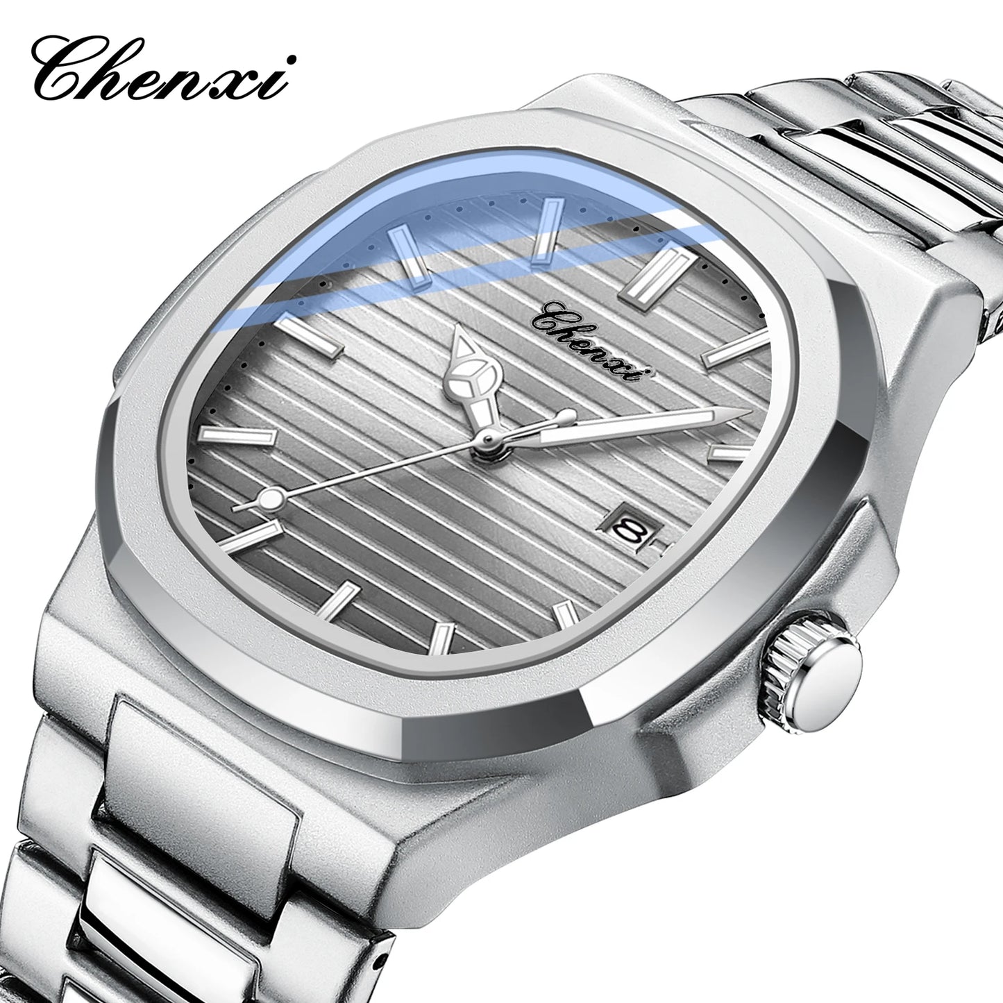 Wasserdichte Herrenuhr aus Edelstahl – Quadratisches Zifferblatt im Nautilus-Stil mit Leuchtmasse, Kalender und Datumsanzeige