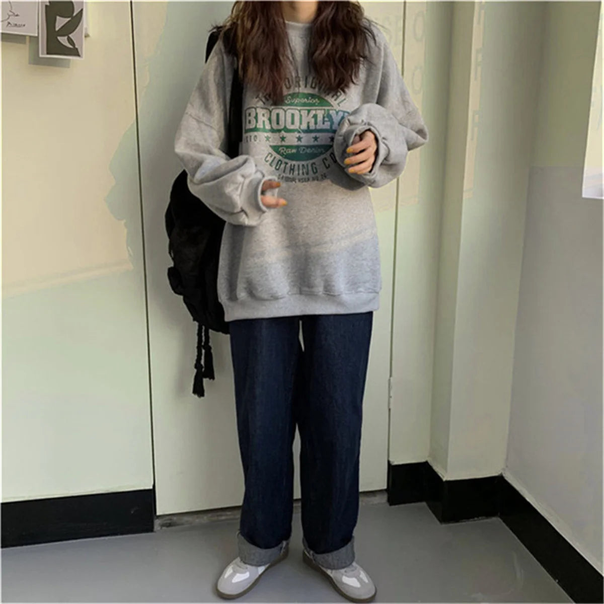 Korean Women Sweatshirts Loose Crewneck Pullover Tops