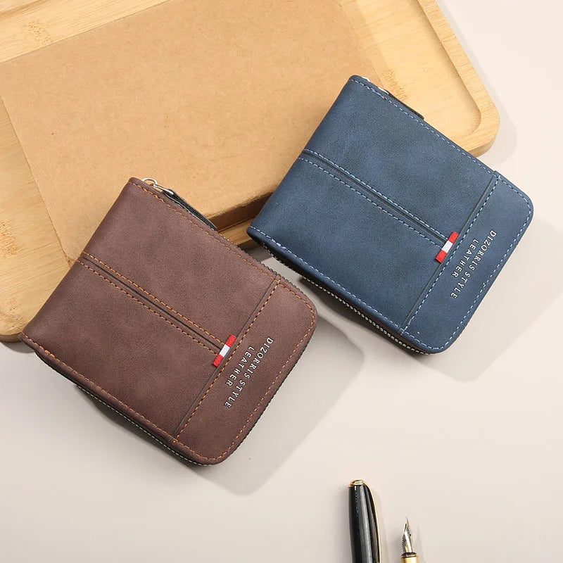 Men’s Short Leather Bifold Wallet with Zipper Coin Pocket