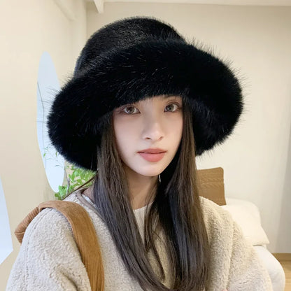 Faux Fur Fluffy Bucket Hat Soft Cap for Women