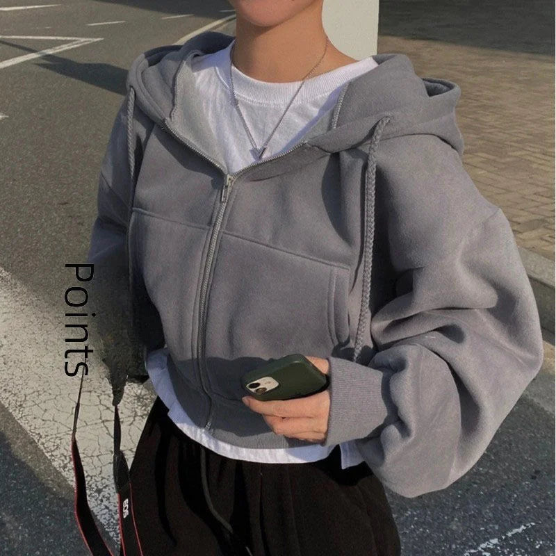 Neues, vielseitiges, modisches, kurzes Slims-Sweatshirt mit Reißverschluss und warmer, einfarbiger Kapuze für Damen