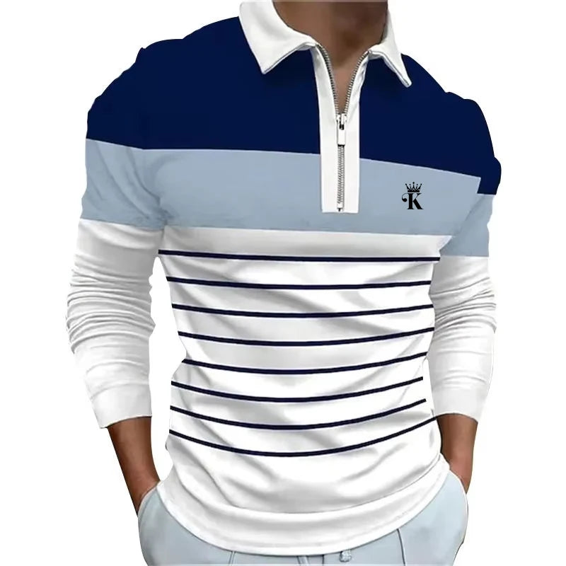 Men's Long Sleeve Stripe Golf Zipper Polo Shirt