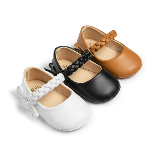 Chaussures en cuir PU pour bébé fille avec ceinture tissée