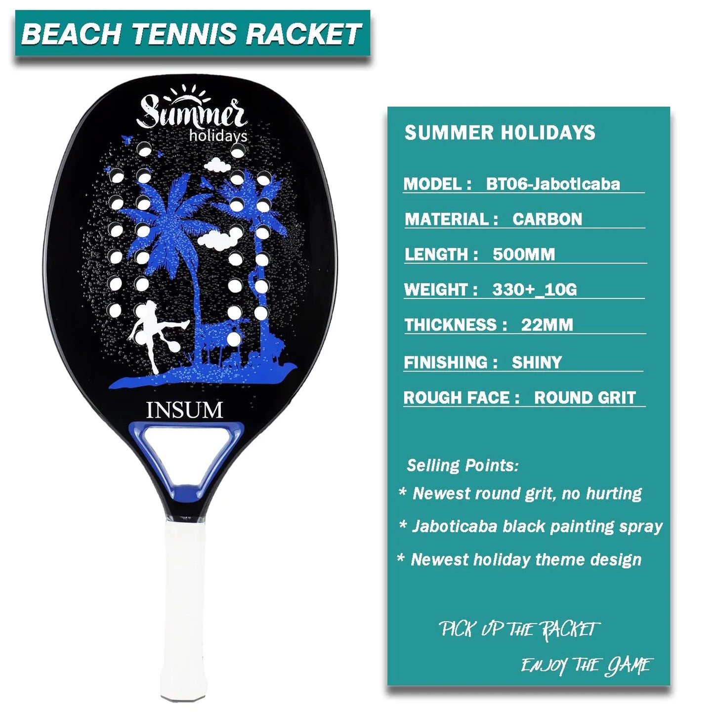 INSUM Beach 100% Carbon Fiber Round Grit Tennis Racket