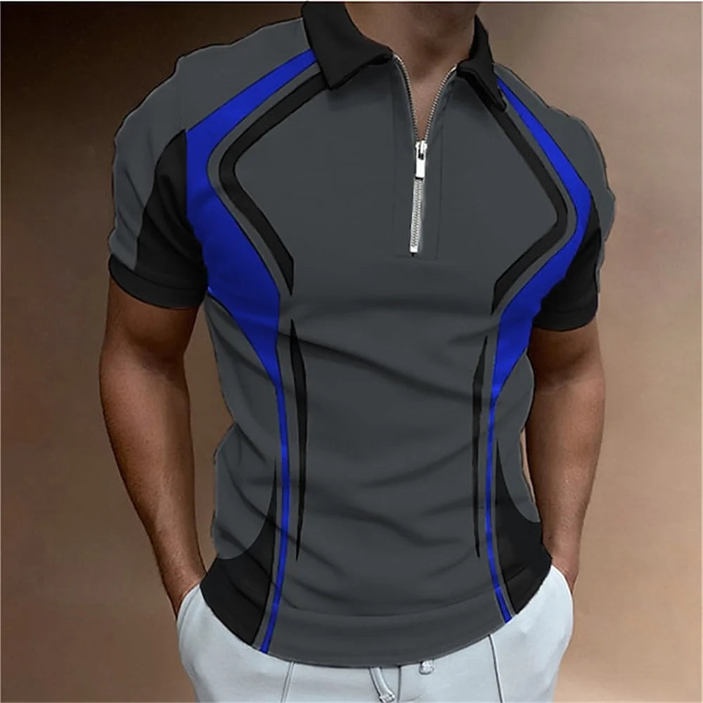 Men Zipper Striped Turn Down Collar Shirt