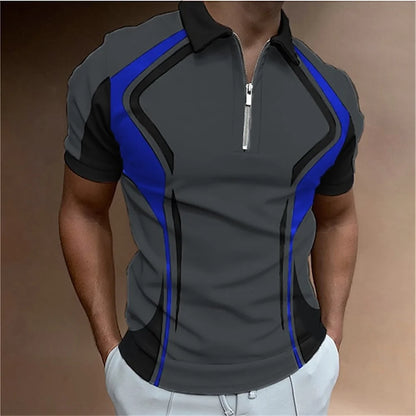 Men Zipper Striped Turn Down Collar Shirt
