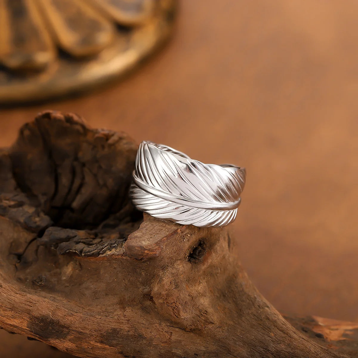 Waterproof Stainless Steel Non‑Fading Gold Plated Feather Adjustable Ring