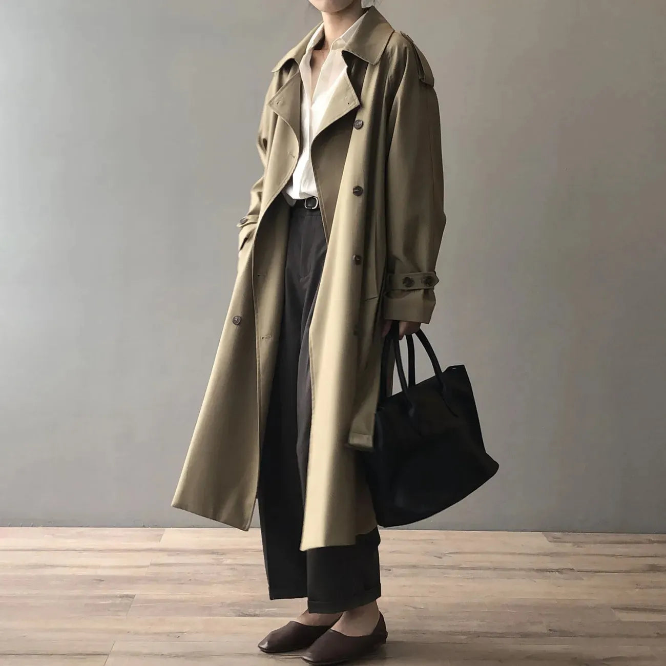 Klassische Khaki-lange Trenchcoats für Damen in Übergröße