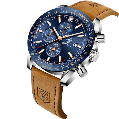 Montre chronographe à quartz pour homme – Montre-bracelet analogique étanche avec bracelet en cuir