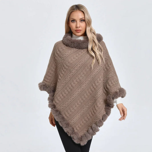 Women's Winter Plaid Hooded Fur Collar Shawl