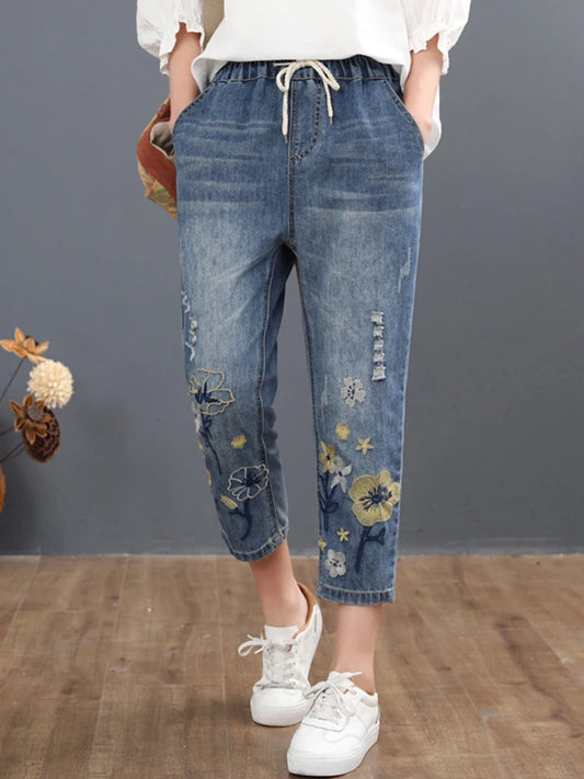 Ladies Floral Denim Vintage Embroidery Jeans