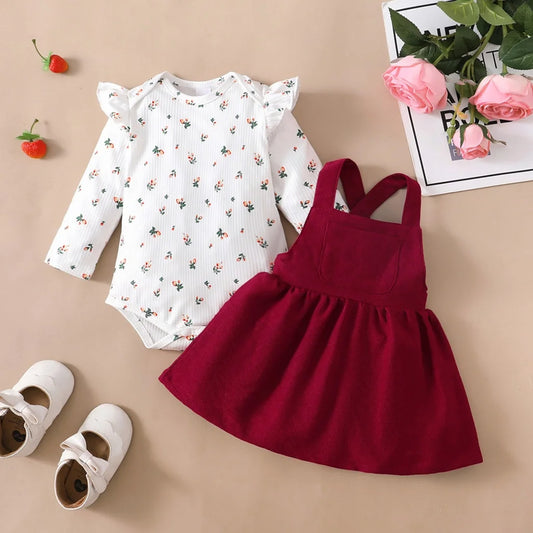 Neugeborenes Baby-Rüschen-Body mit langen Ärmeln und rotem Träger-Mädchen-Outfit