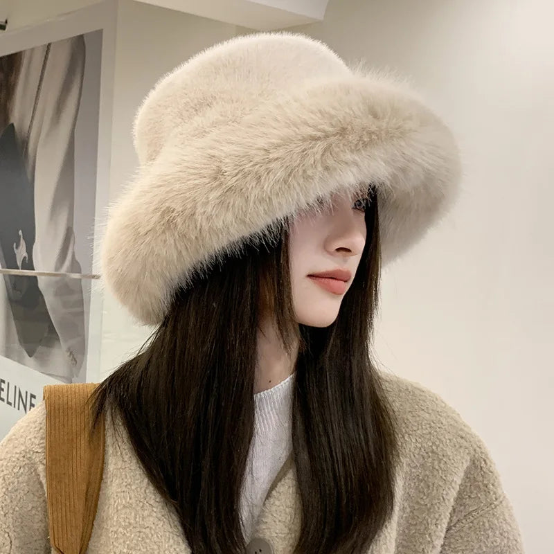 Faux Fur Fluffy Bucket Hat Soft Cap for Women