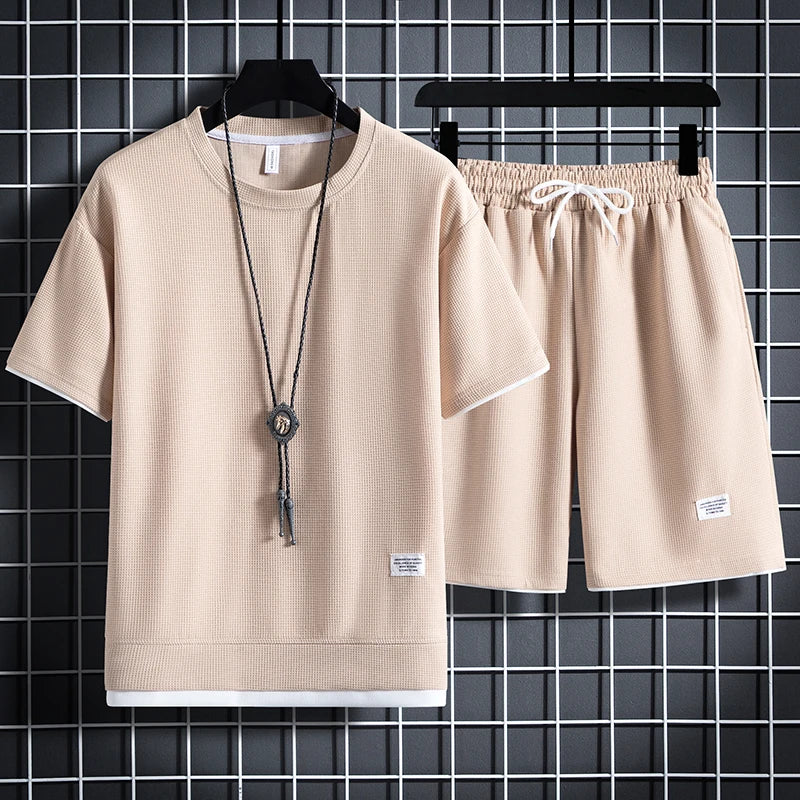 Men's Summer Waffle Tracksuit Casual T-Shirt & Shorts