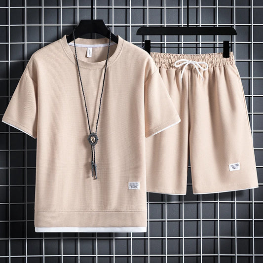 Men's Summer Waffle Tracksuit Casual T-Shirt & Shorts