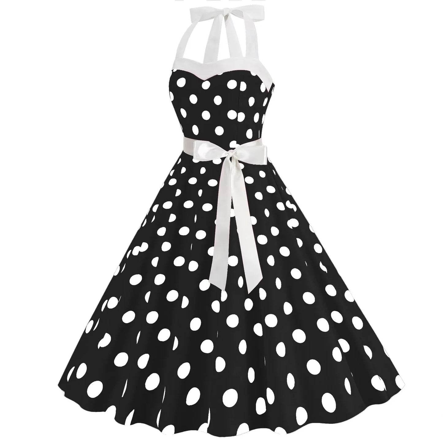 Women Sundress  Lace-up Backless Polka Dot Pleated Midi Dress