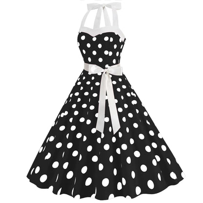 Women Sundress  Lace-up Backless Polka Dot Pleated Midi Dress