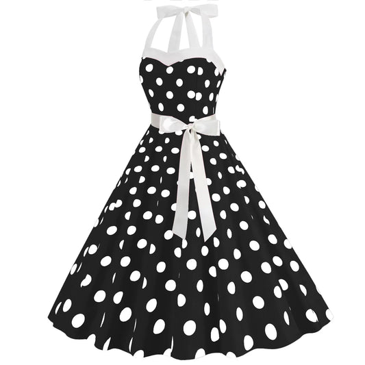 Women Sundress  Lace-up Backless Polka Dot Pleated Midi Dress