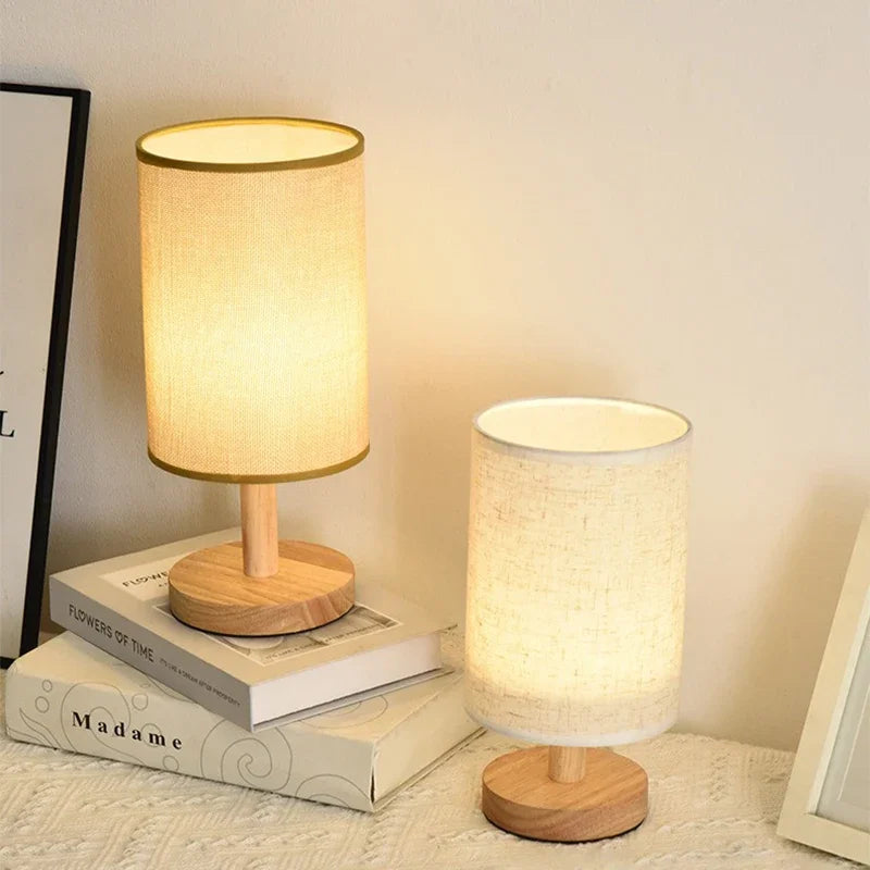 USB Wooden Bedside Lamp - Cylinder Shade