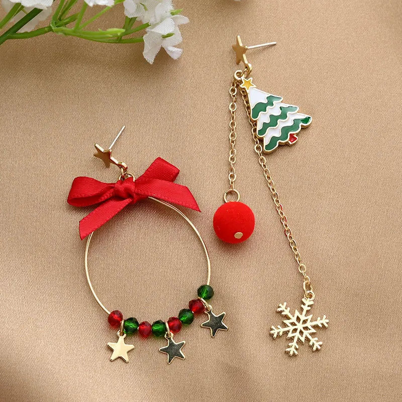 Asymmetric Christmas Earrings with Crystal Bow & Tassel