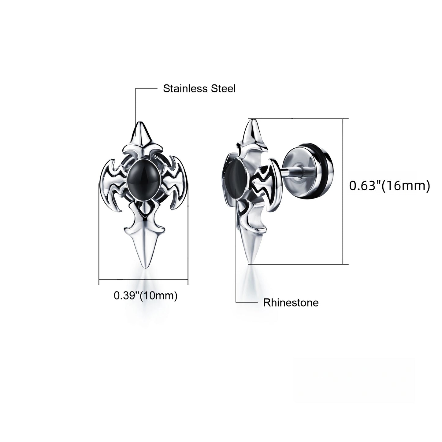 Boucles d'oreilles gothiques punk en acier inoxydable pour hommes et femmes – Petit squelette à géométrie rocheuse avec zircon