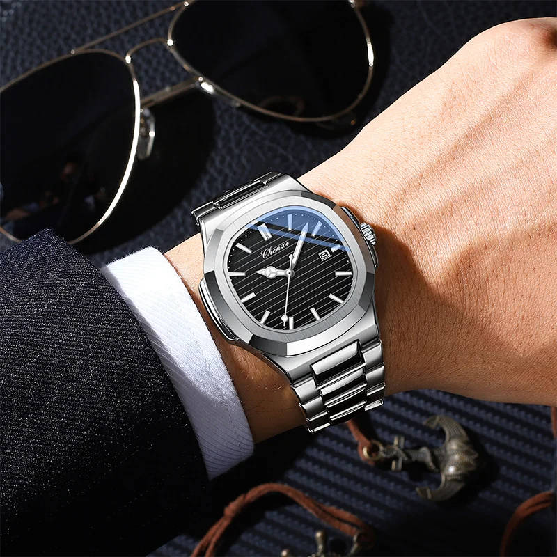 Wasserdichte Herrenuhr aus Edelstahl – Quadratisches Zifferblatt im Nautilus-Stil mit Leuchtmasse, Kalender und Datumsanzeige