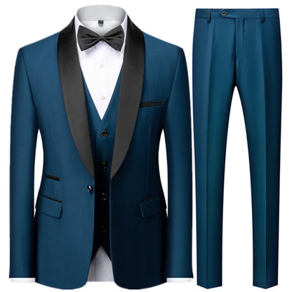 3 Pieces Set Men's Business Blazers Coat - Slim Fit Color Matching Collar Suit Jacket Pants Vest