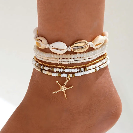 Women's Bohemian Starfish & Seashell Ankle Bracelet Set – Multilayer Rice Beads Beach Ankle Bracelets