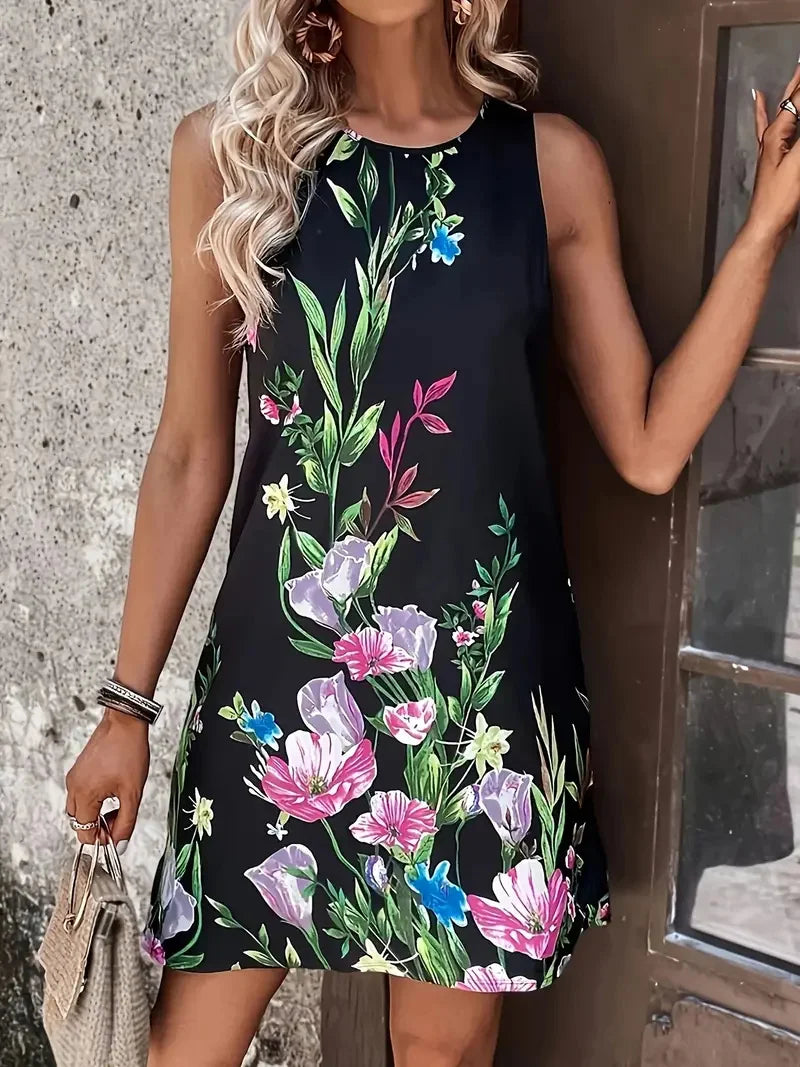 Women’s Floral Print Summer Dress – Round Neck Sleeveless Slim Fit Casual Mini Dress