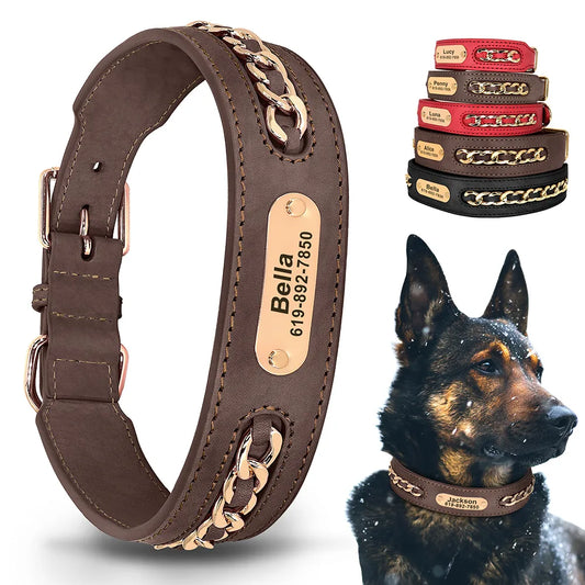 Custom Leather Dog Collar - Personalized ID Tag Nameplate Collars For Dogs